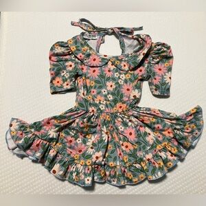 Floral Kids Casual Dress Ruffle Puff Peter Pan Key Hole Full Skirt